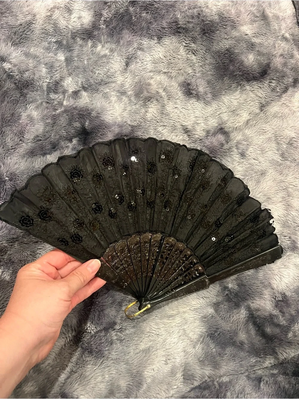 Black Lace Folding Hand Fan with Decorative Accents